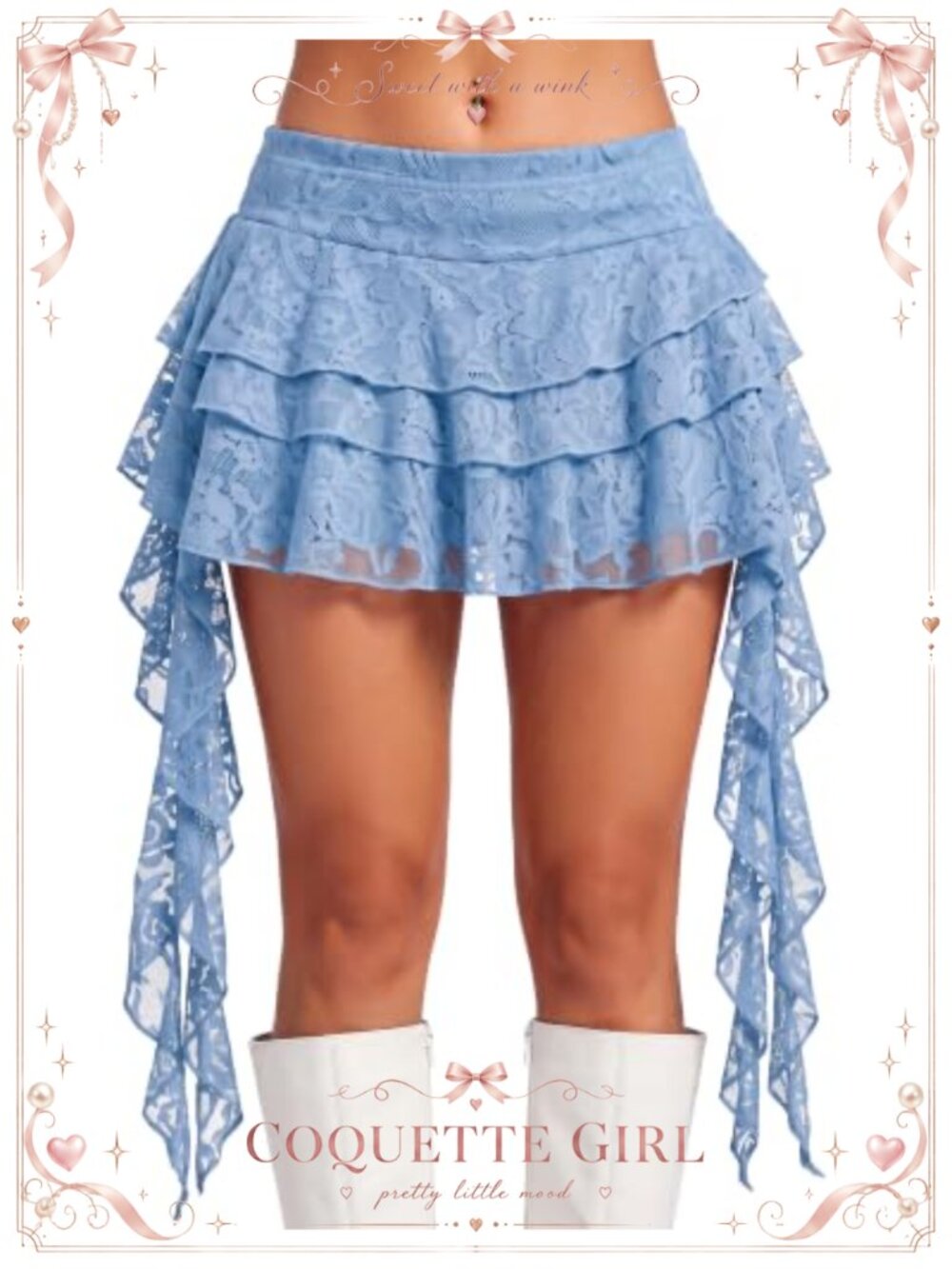 Lace Mini Skirt Ruffle Asymmetrical Layered Flowy Pleated with Shorts